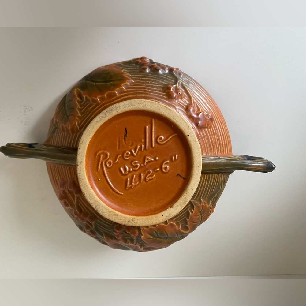Vintage Roseville Pottery Bowl with Handles, Signed, Bushberry 412-6 USA, Orange